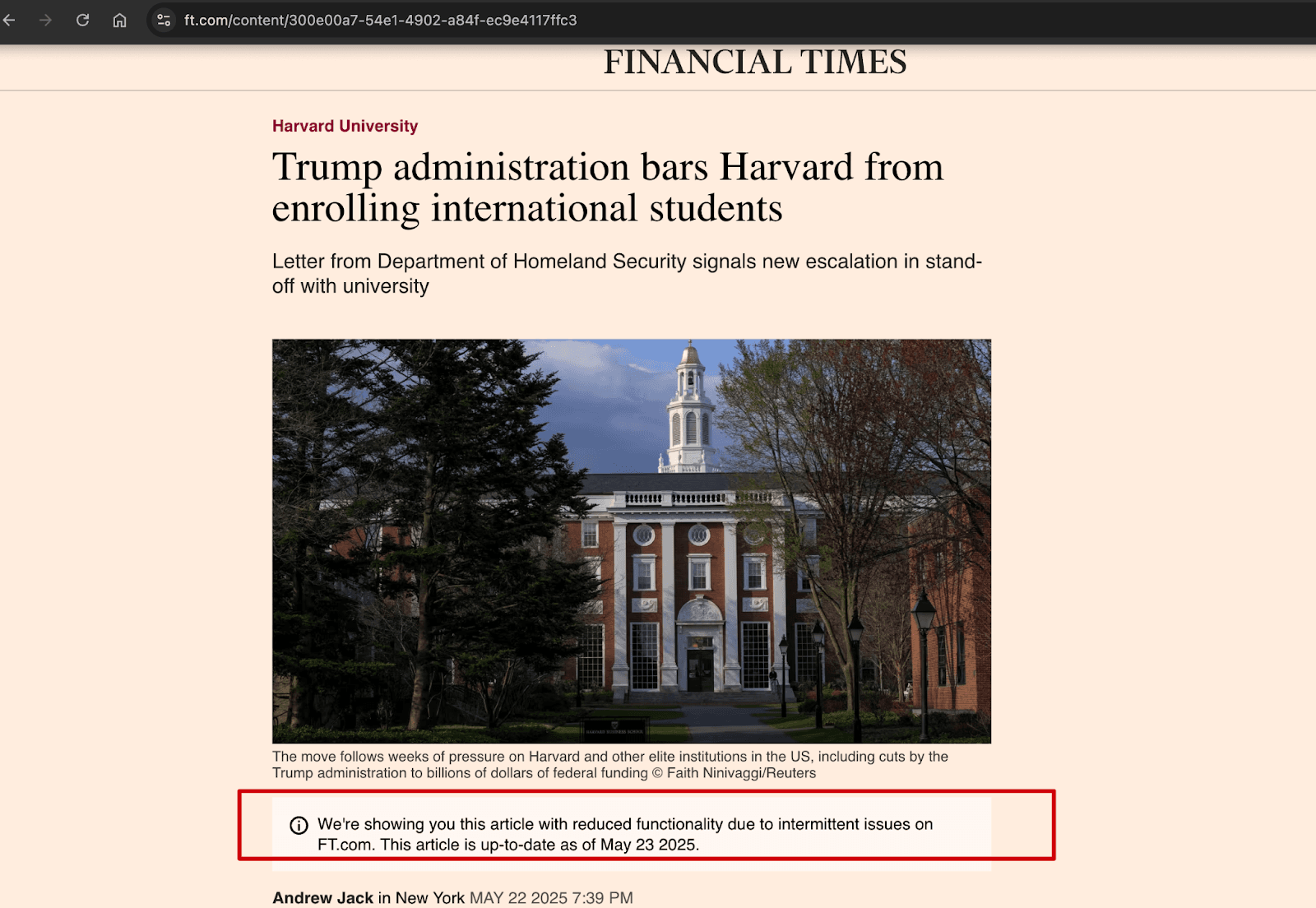 An example of FT's fallback experience on an article